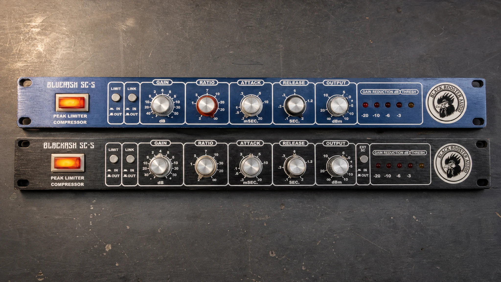 The BlueAsh SC-5 and BlackAsh SC-5 front panels side by side on a studio desk