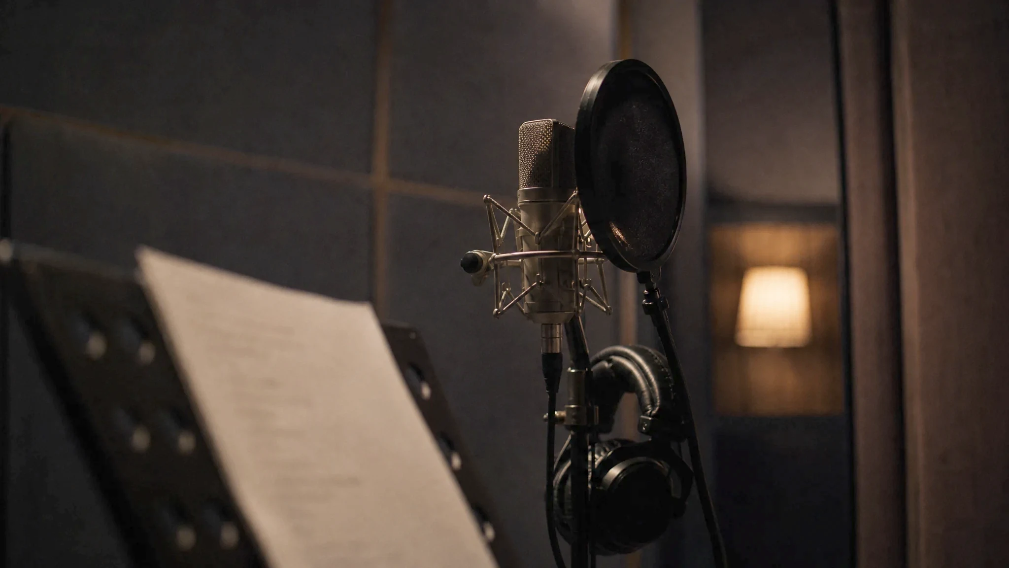 Condenser microphone behind a pop filter in a small vocal booth