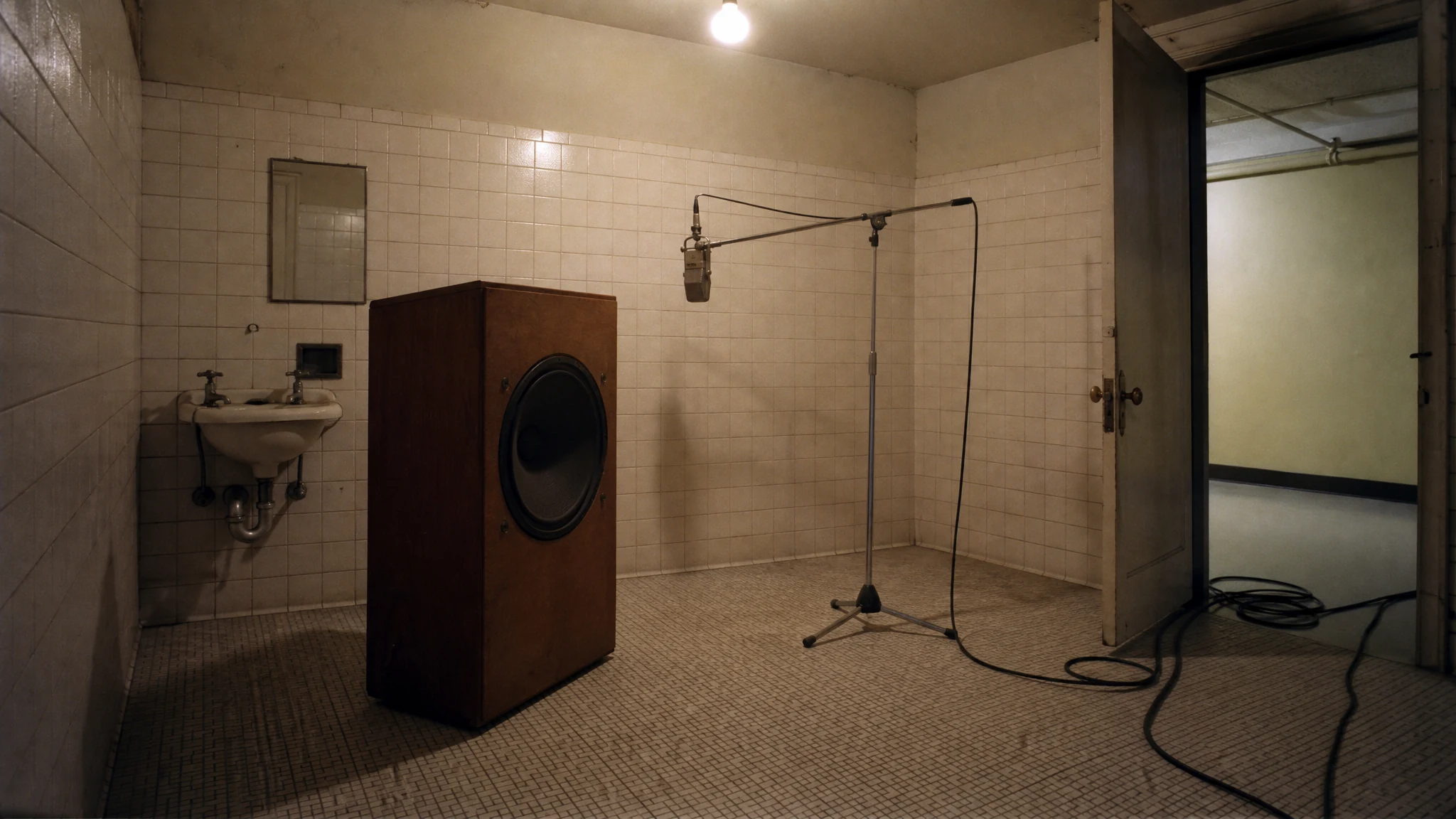 A tiled restroom used as a makeshift reverberation chamber, with a loudspeaker and microphone on stands, late 1940s