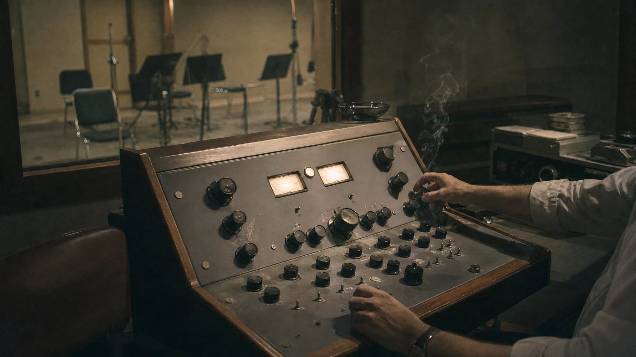 Hands on a custom-built valve-era recording console with rotary controls and VU meters, mid 1950s