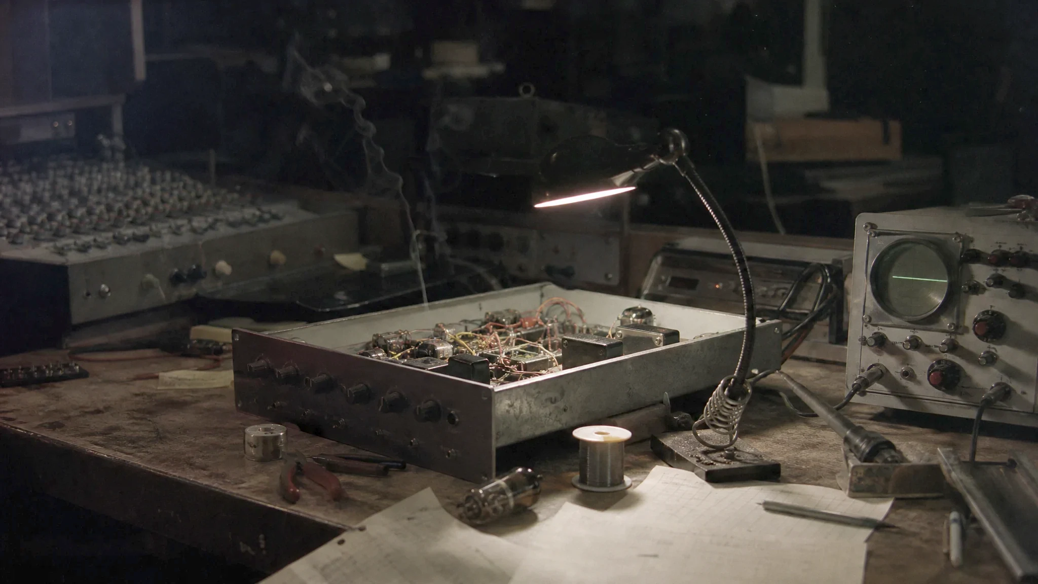 A night-time electronics workbench with a half-built rack unit, soldering iron and oscilloscope, early 1960s
