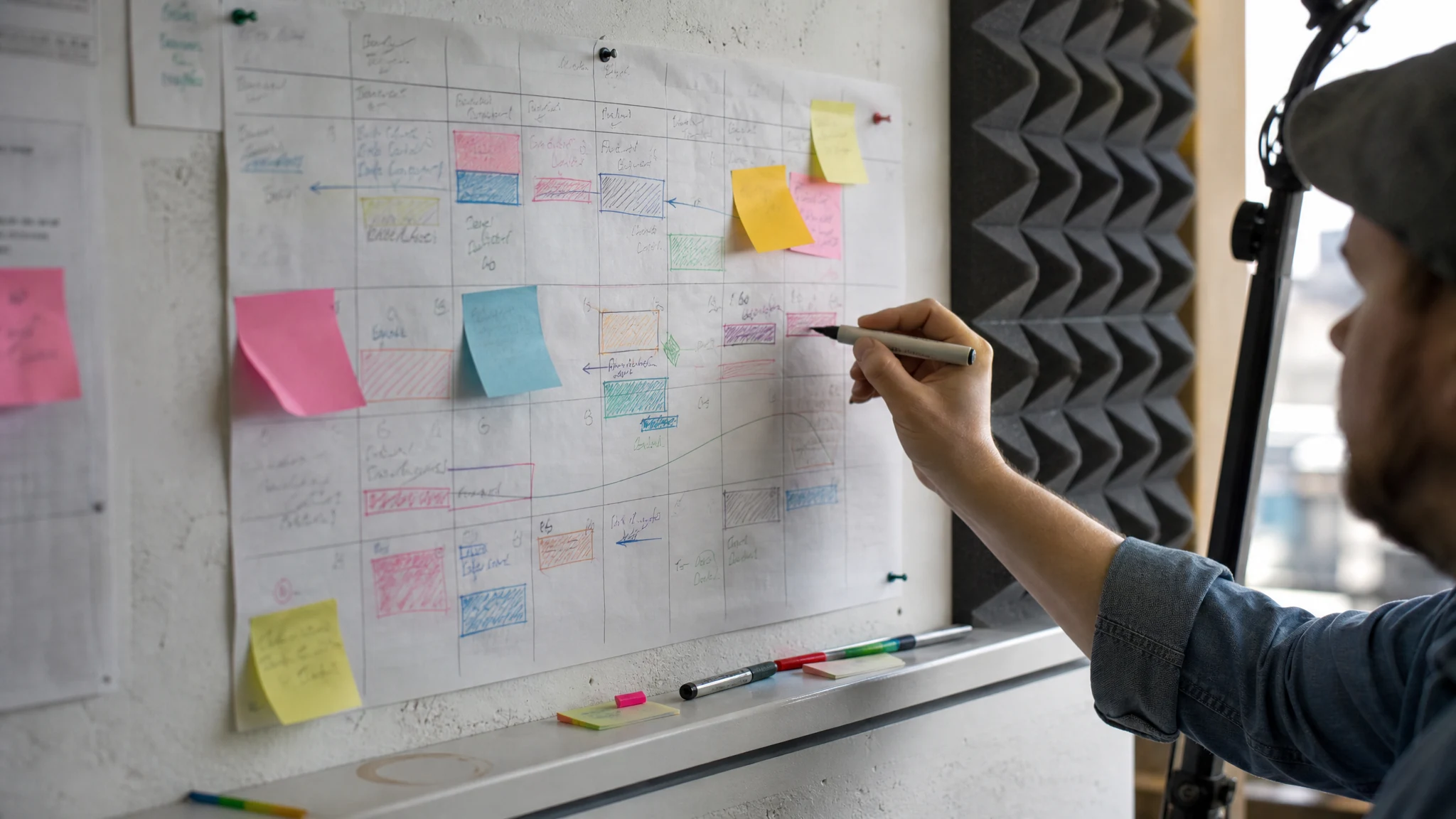 A paper month planner on a studio wall, covered in hand-drawn blocks and sticky notes