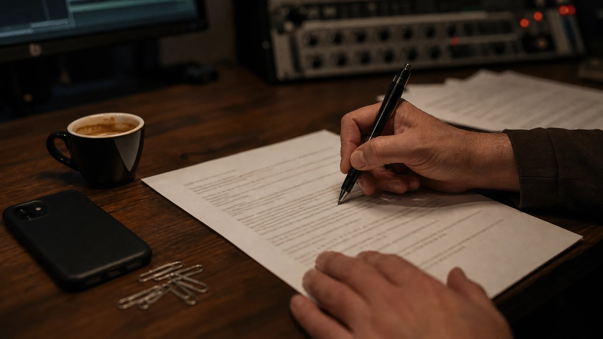 A hand marking up a printed sheet of paper with a pen on a studio desk