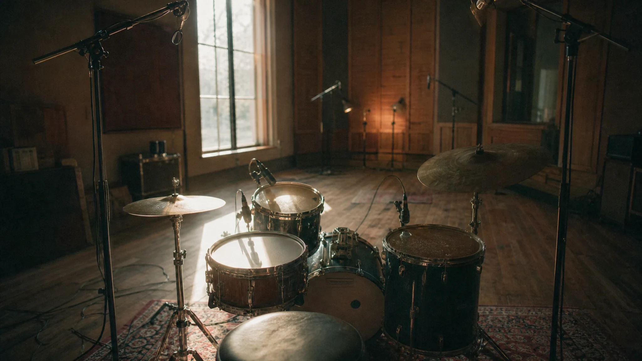 Drum kit with overhead and room microphones in a wooden tracking room