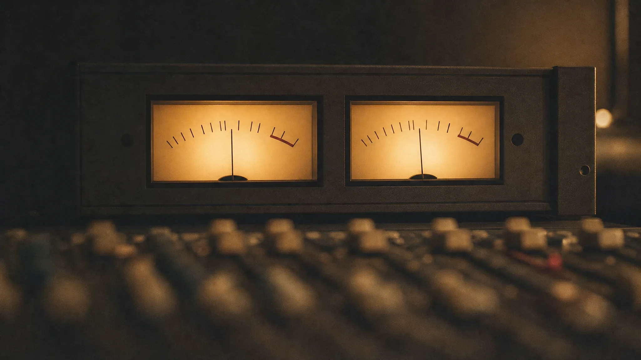 Illuminated analogue VU meters on a rackmount unit in a dim studio