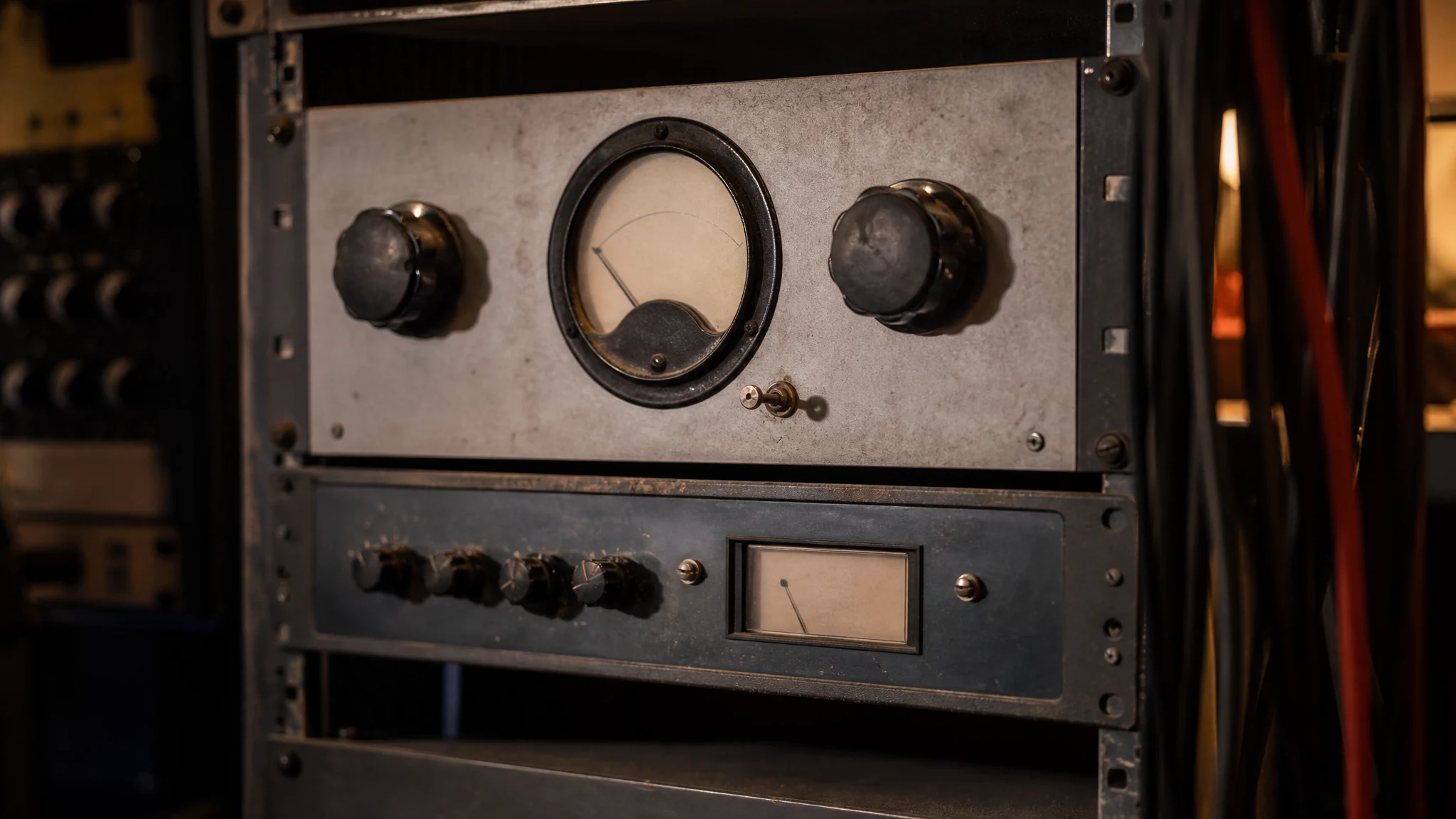 Two different vintage hardware compressors mounted one above the other in a studio rack