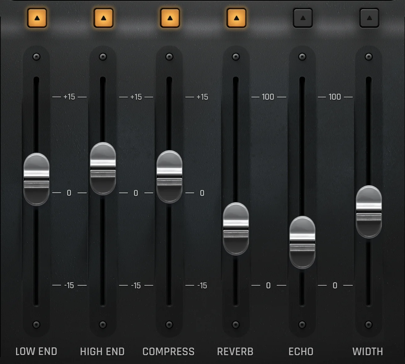 The six module faders of the PS-VC1: Low End, High End and Compress across a plus/minus 15 dB range, Reverb, Echo and Width from 0 to 100