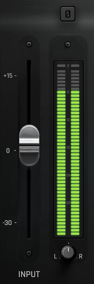 PS-VC1 input section: phase invert, input fader from minus 30 to plus 15 dB, LED VU meter and pan control