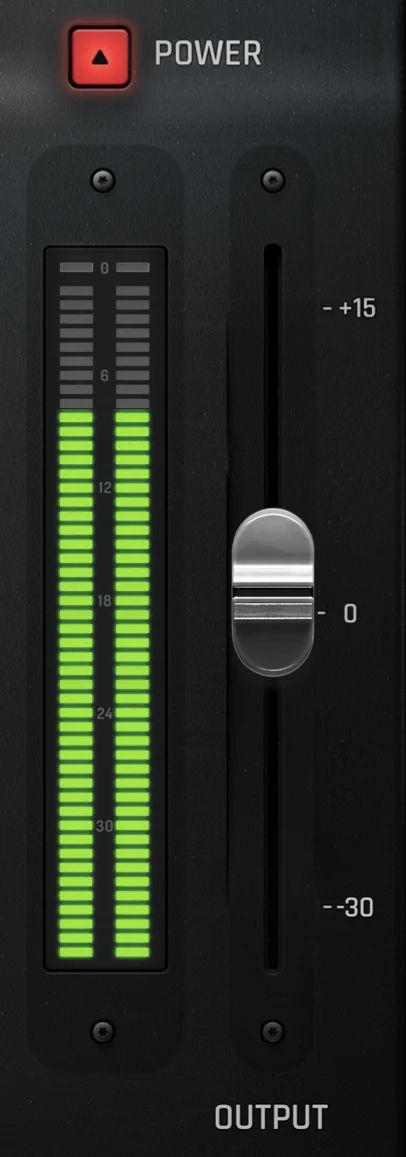 PS-VC1 output section: Power switch, LED VU meter and output fader from minus 30 to plus 15 dB